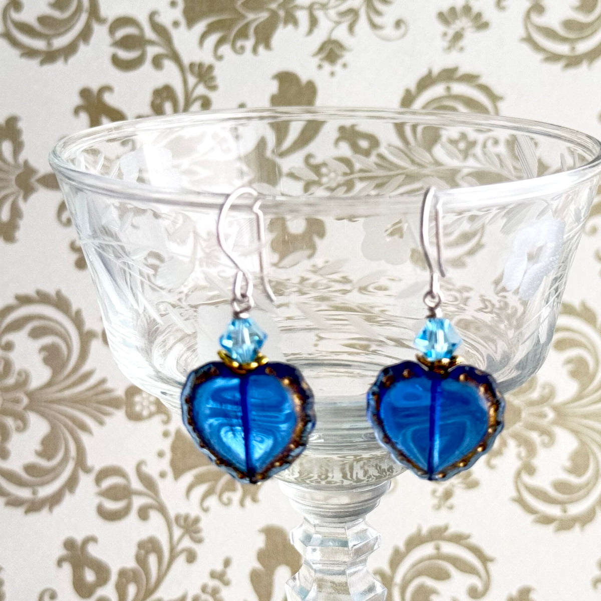Czech Glass Indigo Heart Earrings in Sterling Silver