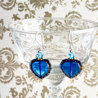 Czech Glass Indigo Heart Earrings in Sterling Silver