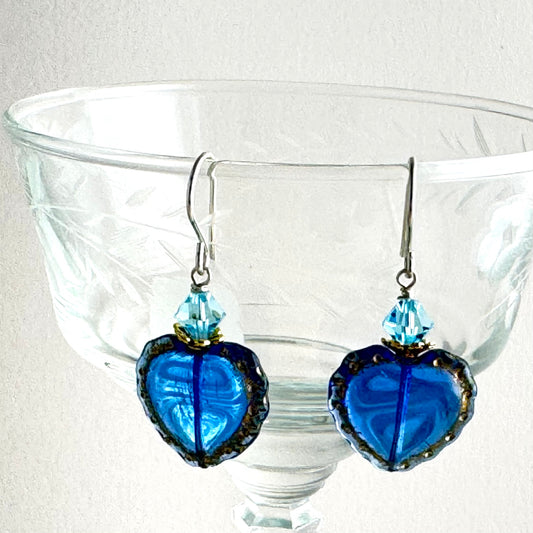Czech Glass Indigo Heart Earrings in Sterling Silver
