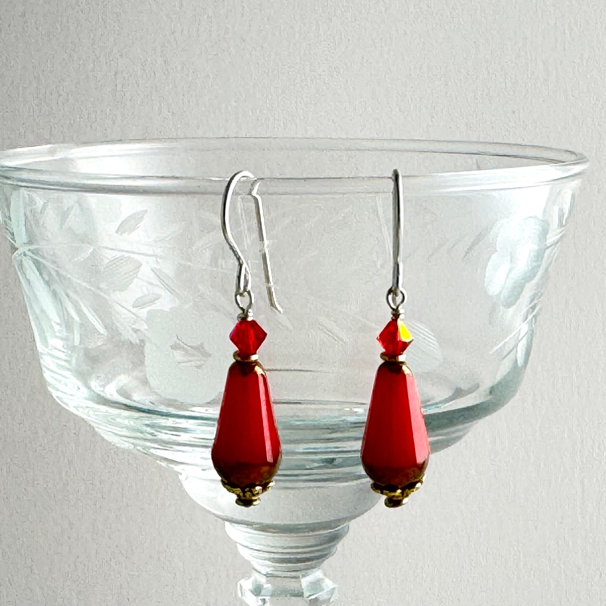 Czech Glass Crimson Faceted Dangle Drop Earrings