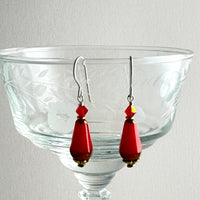 Czech Glass Crimson Faceted Dangle Drop Earrings