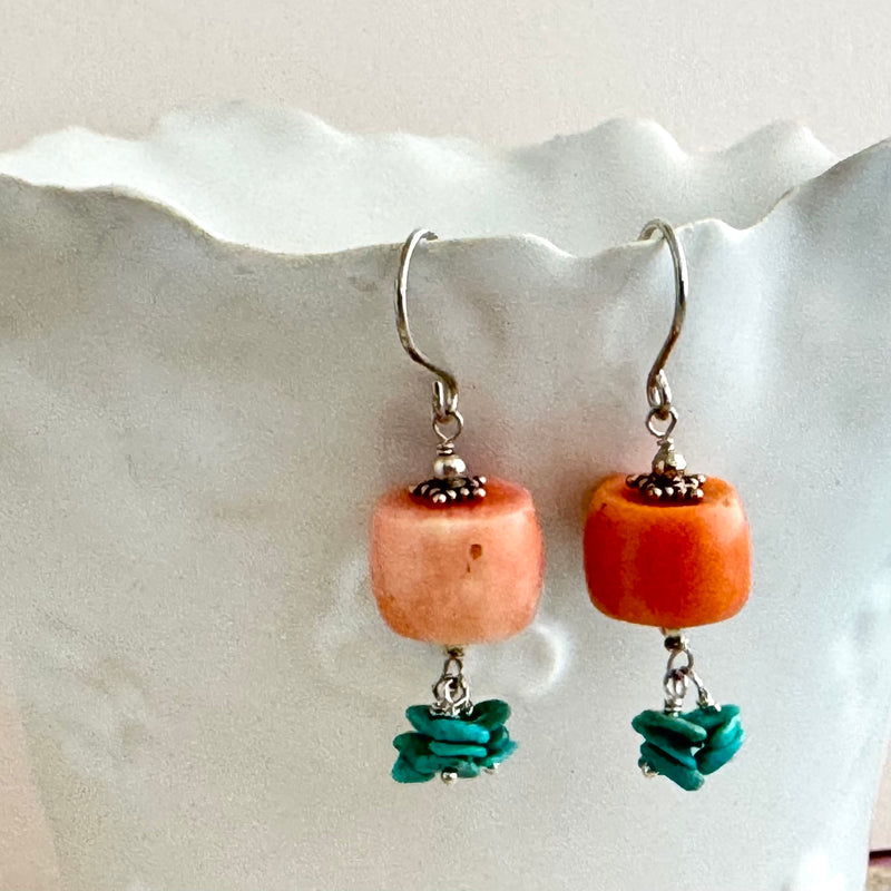 Turquoise and Antique Coral Earrings in Sterling Silver