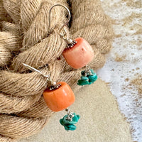Turquoise and Antique Coral Earrings in Sterling Silver