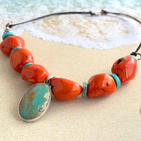 Turquoise and Bamboo "Coral" Necklace in Sterling Silver