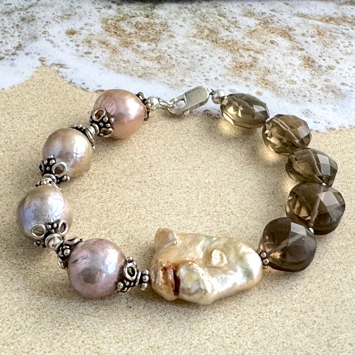 Bronze Baroque Freshwater Pearl and Whiskey Quartz  Bracelet in Sterling Silver