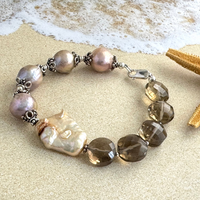 Bronze Baroque Freshwater Pearl and Whiskey Quartz  Bracelet in Sterling Silver