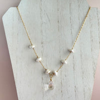 Crystal Quartz Pendant and Freshwater Pearl Necklace in 14K Gold Fill