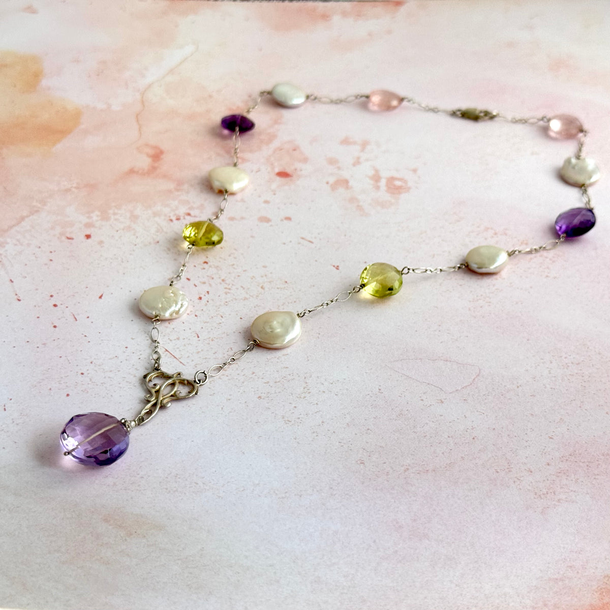 Freshwater Coin Pearl and Semi-Precious Necklace in Sterling Silver