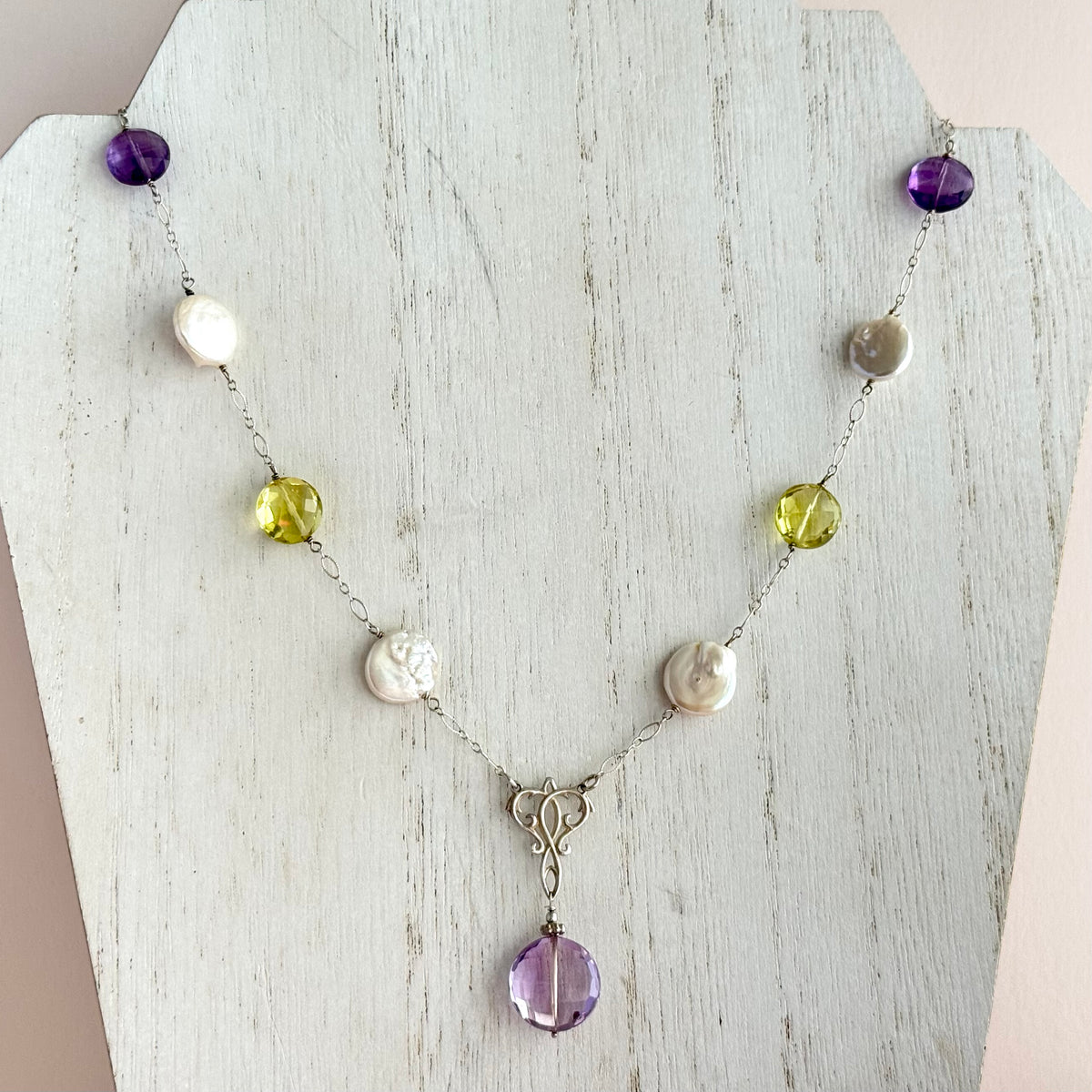 Freshwater Coin Pearl and Semi-Precious Necklace in Sterling Silver