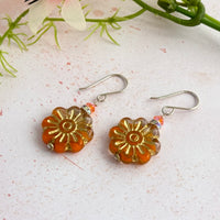 Czech Glass Orange Flower Earrings in Sterling Silver