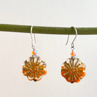 Czech Glass Orange Flower Earrings in Sterling Silver