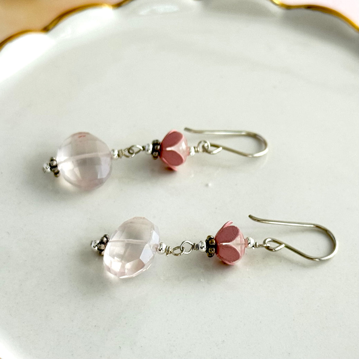 Rose Quartz Nugget Drop Earrings in Sterling Silver