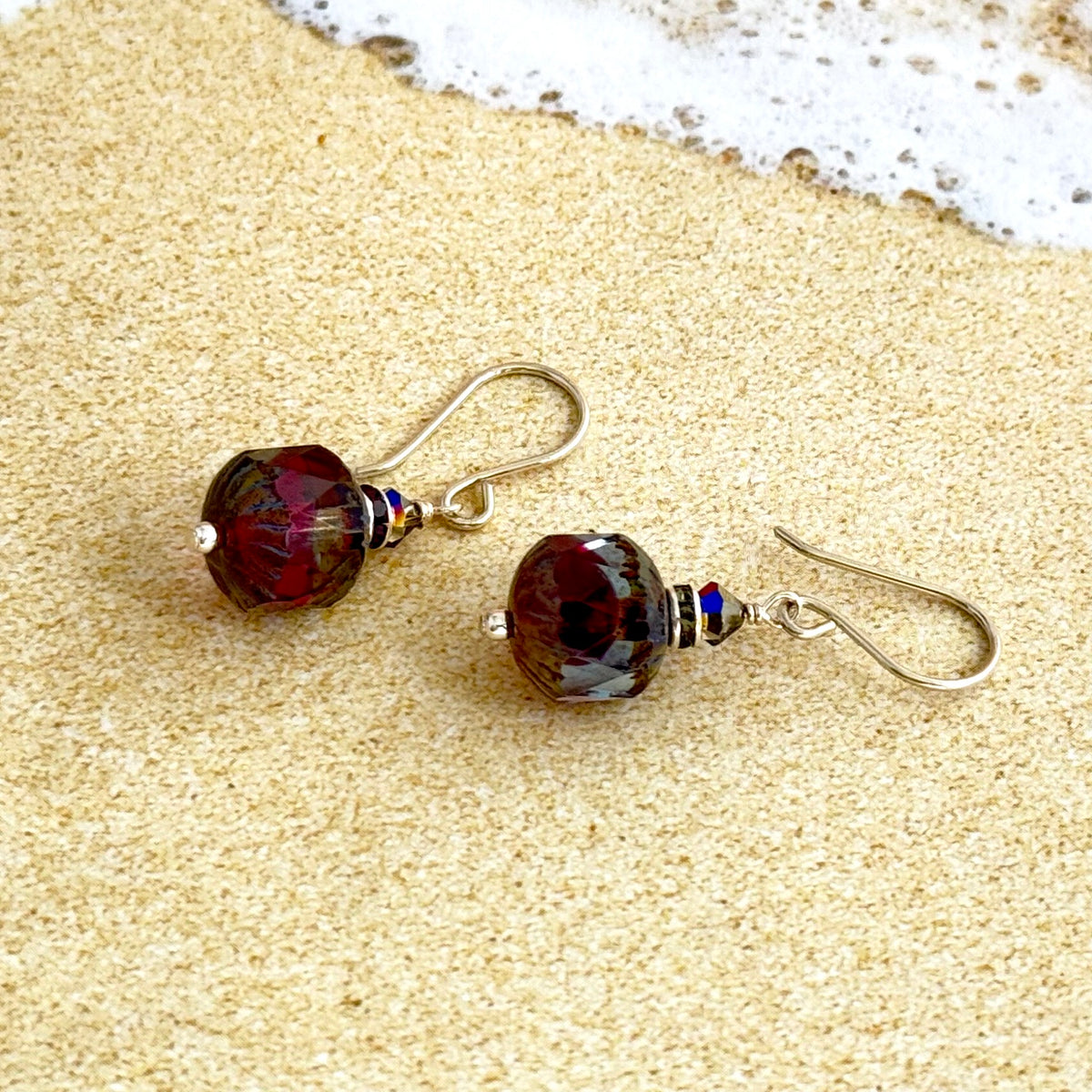 Czech Glass Red Opal Picasso Earrings in Sterling Silver
