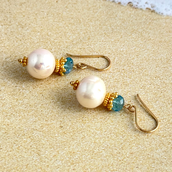 Freshwater Pearl and Swiss Blue Topaz Earrings in 14K Gold Fill