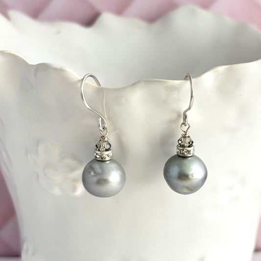 Large Grey Freshwater Pearl Earrings in Sterling Silver SPECIAL PRICE
