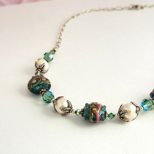 Green Lampwork Glass and Freshwater Pearl Necklace in Sterling Silver