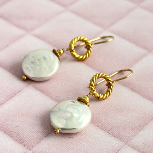 White Freshwater Coin Earrings in 24K Vermeil
