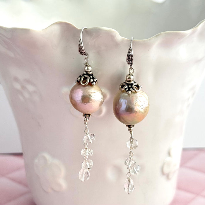 Light Mauve Freshwater Pearl and White Topaz Drop Earrings in Sterling Silver