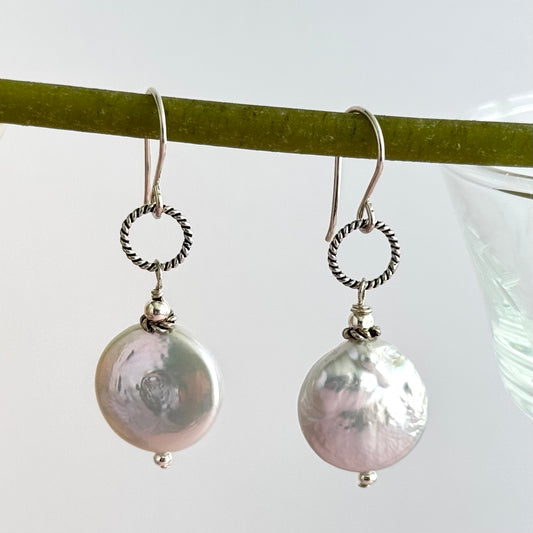 White Freshwater Coin Pearl Earrings in Sterling Silver