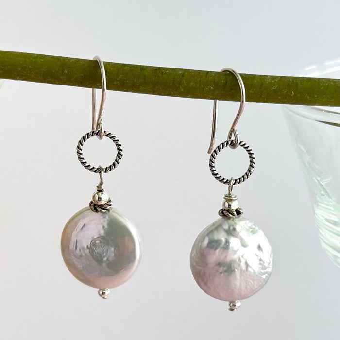 White Freshwater Coin Pearl Earrings in Sterling Silver