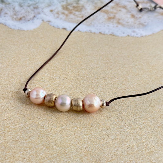 Pink and White Freshwater Pearl Necklace on Cotton