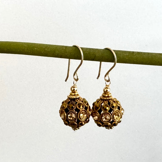 Swarovski Crystal Filigree Encrusted Brown and Gold Earrings in 14K Gold Fill