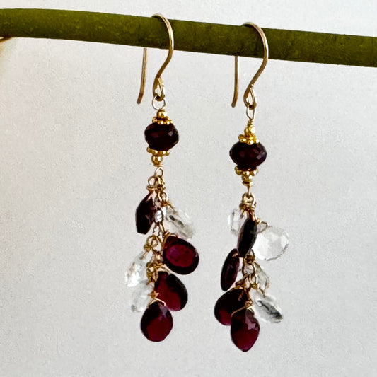 Garnet and White Topaz Briollet Dangle Earrings in 14K Gold Fill