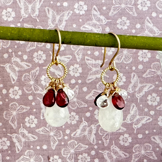 Moonstone, Garnet and White Topaz Briollet Earrings in 14K Gold Fill