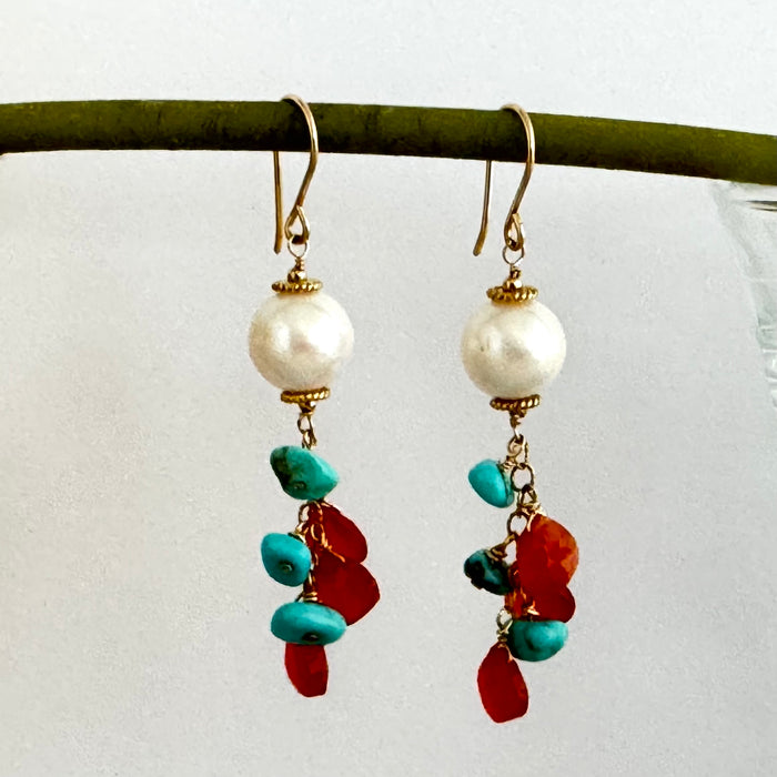 Multi Gemstone and Freshwater Pearl Dangle Earrings in 14K Gold Fill