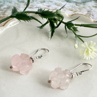 Carved Rose Quartz Flower Earrings in Sterling Silver