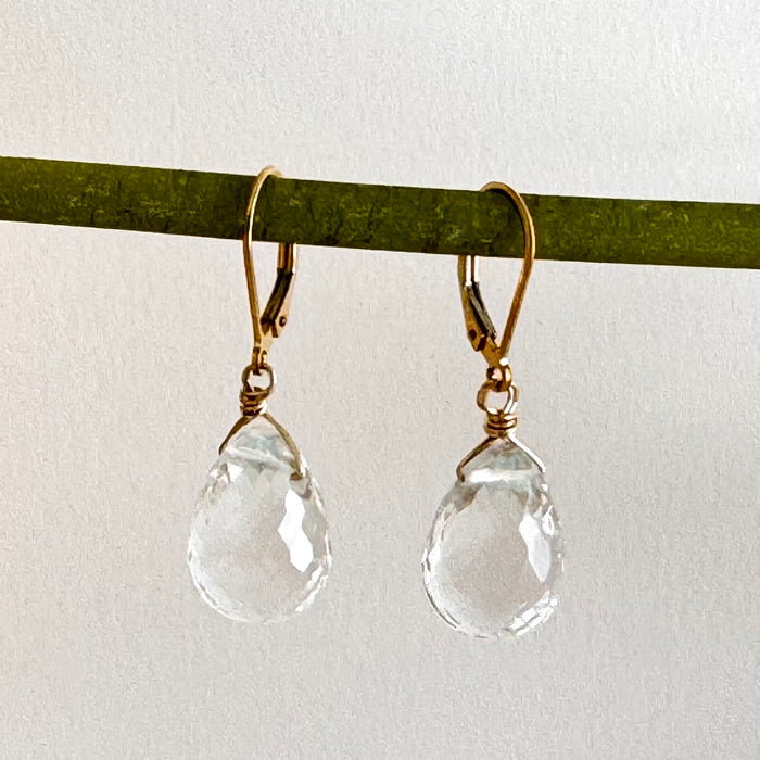 Large Crystal Quartz Briollet Earrings in Gold Fill