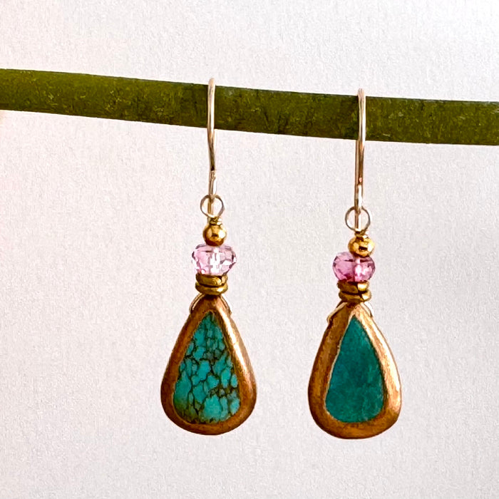 Faux Turquoise and Gold Earrings, Pink Topaz in 14K Gold Fill