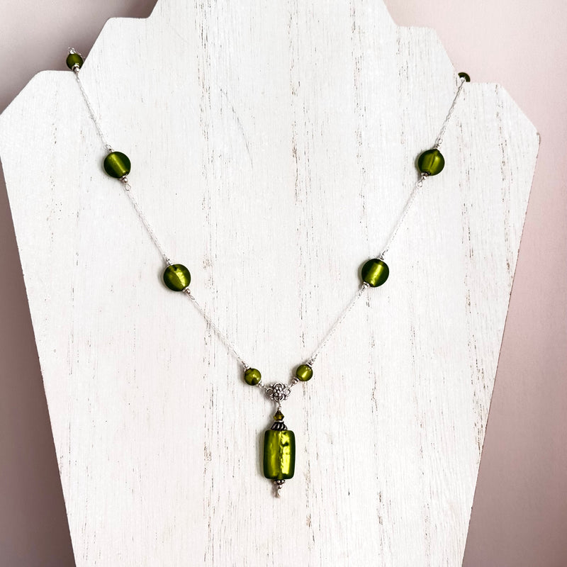 Czech Bohemian Green Glass Foil Necklace Sterling Silver