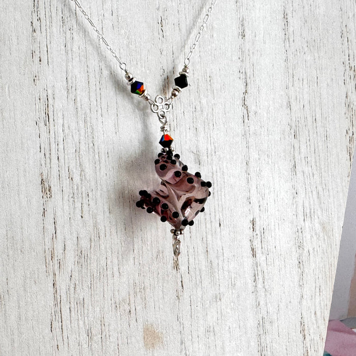 Czech Pink and Black Lampwork Glass Focal Necklace in Sterling Silver