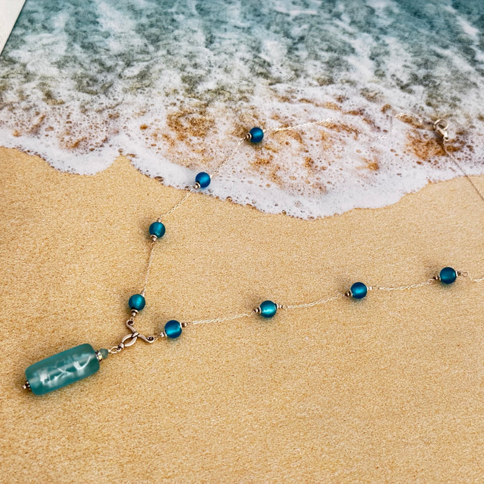 Czech Bohemian Light Blue Glass Foil Necklace Sterling Silver