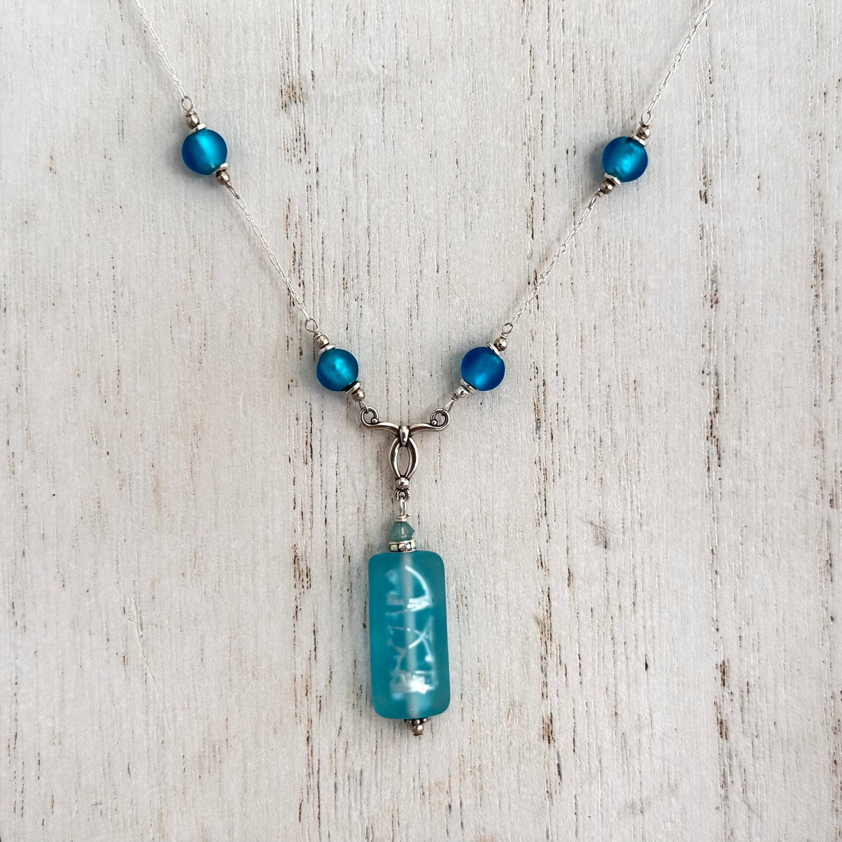 Czech Bohemian Light Blue Glass Foil Necklace Sterling Silver