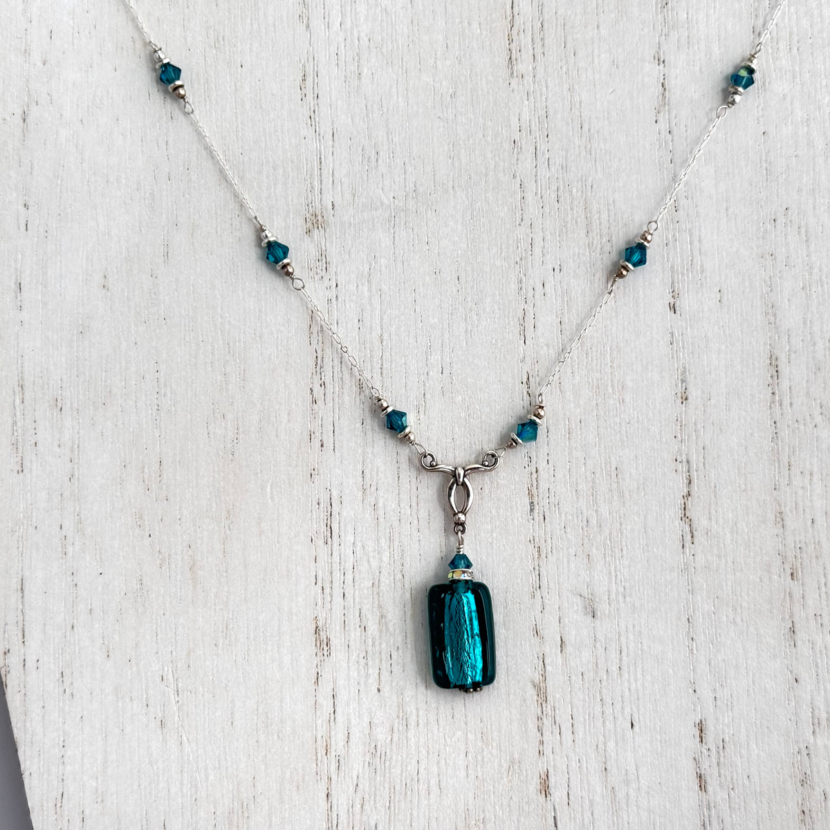 Czech Bohemian Teal Glass Foil Necklace Sterling Silver