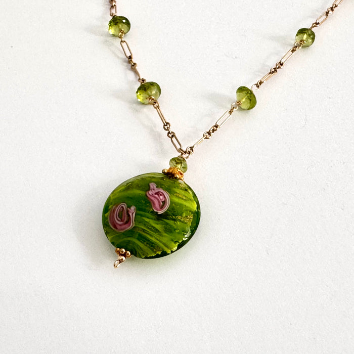 Czech Green Lampwork Glass Focal Necklace in 14K Gold Fill