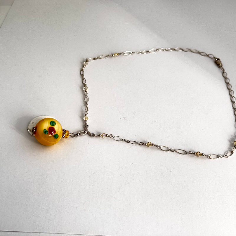 Czech Yellow Lampwork Glass Focal Necklace in Sterling Silver