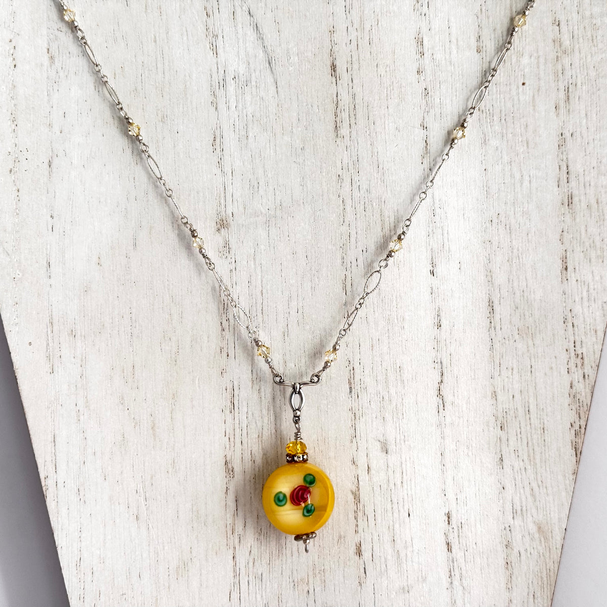 Czech Yellow Lampwork Glass Focal Necklace in Sterling Silver