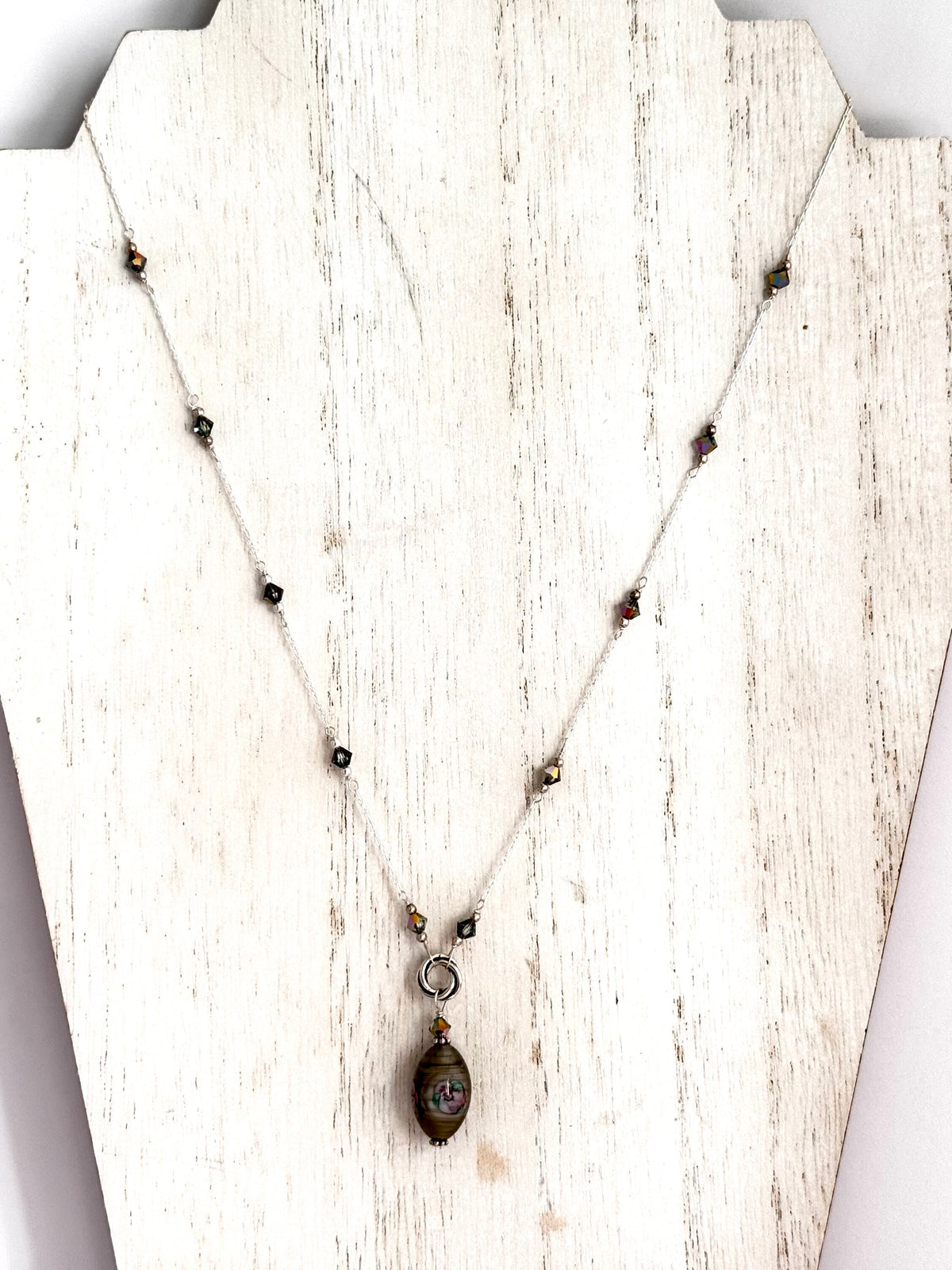 Czech Gray Lampwork Glass Focal Necklace in Sterling Silver