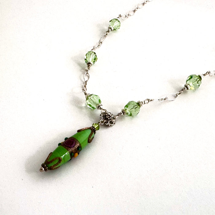 Czech Green Lampwork Glass Focal Necklace in Sterling Silver