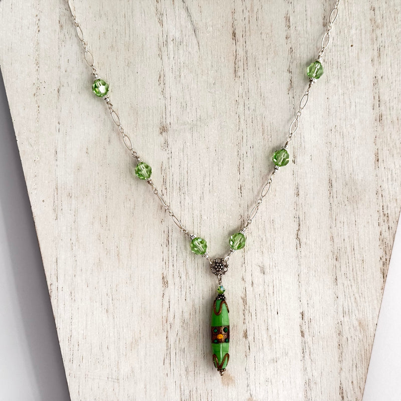 Czech Green Lampwork Glass Focal Necklace in Sterling Silver