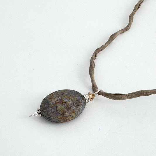 Czech Glass Blue Floral Pendant Necklace on Silk Cord