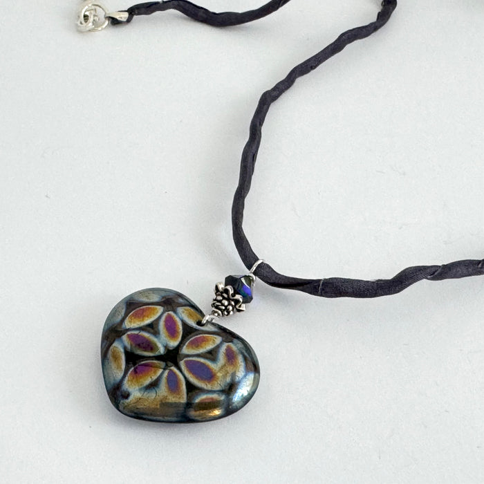 Czech Glass Huge Black Heart Pendant Necklace on Silk Cord