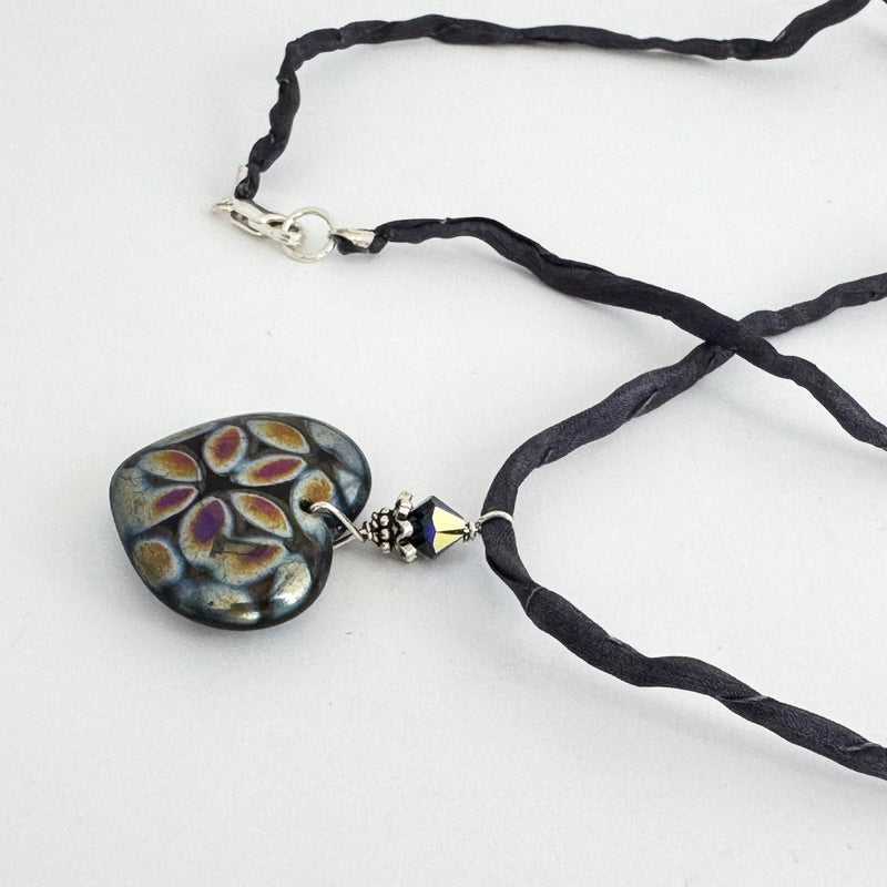 Czech Glass Huge Black Heart Pendant Necklace on Silk Cord