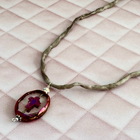 Czech Glass Cross Pendant Necklace on Silk Cord