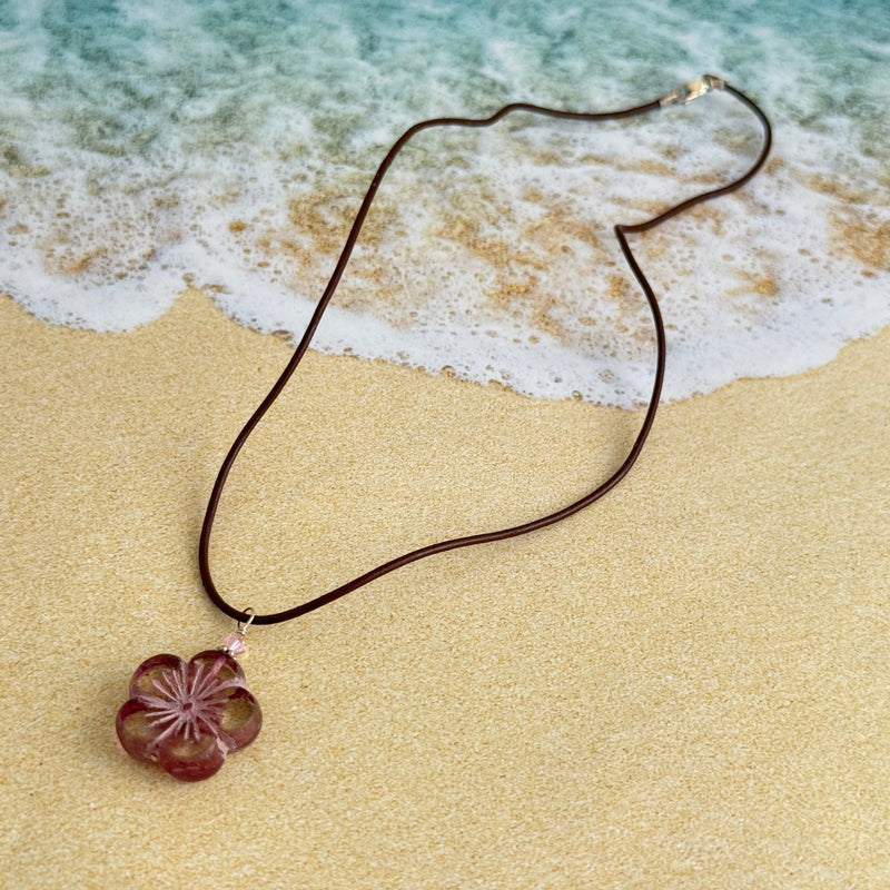 Czech Glass Mauve Flower Pendant Necklace on Leather