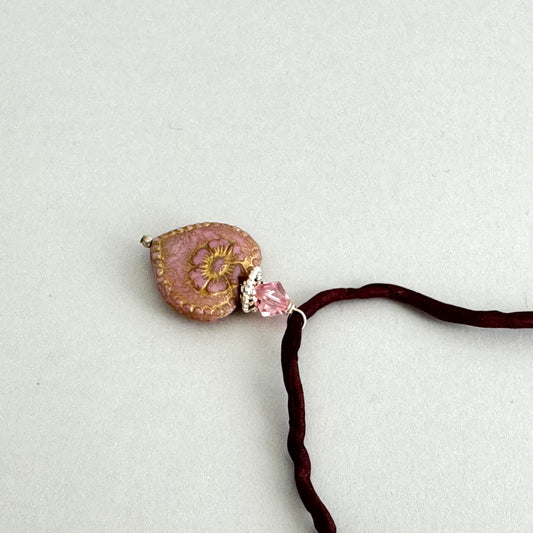 Czech Glass Light Mauve Heart Necklace on Silk Cord