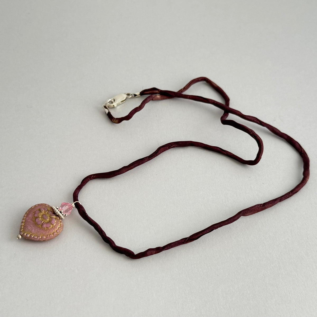 Czech Glass Light Mauve Heart Necklace on Silk Cord